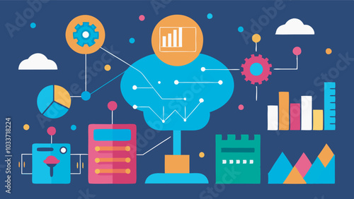 Vibrant image shows data processing around "Machine Learning" tree. Symbols like server, globe, brain highlight analysis, storage, intelligence aspects. Bright colors evoke tech-savvy
