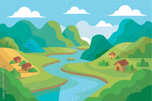A scenic rural landscape, with a river, hills, and a small hamlet under a clear sky with scattered clouds. The image captures serene pastoral life in a tranquil setting.
