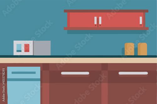 Cartoon kitchen image with blue counter, red cabinet, fridge, and various items. Blues and reds create a serene atmosphere.