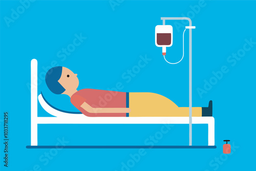 An illustration shows a person in a hospital bed with blue hair and red shirt. They seem calm despite the IV drip with blood, adding a serene vibe to the hospital setting.