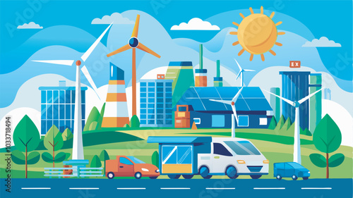 A vibrant cityscape featuring eco-friendly transportation, solar panels, wind turbines, and electric cars, indicating a sustainable urban environment with renewable energy sources