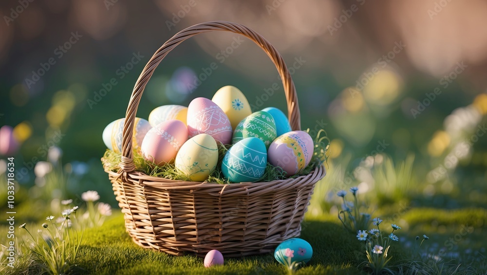 Wicker Basket with Colorful Easter Eggs Resting on Grass with Spring Flowers Wicker Basket with Colorful Easter Eggs Resting on Grass with Spring Flowers