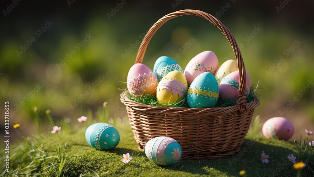 Wicker Basket Filled with Decorated Easter Eggs on Lush Grass
Wicker Basket Filled with Decorated Easter Eggs on Lush Grass
