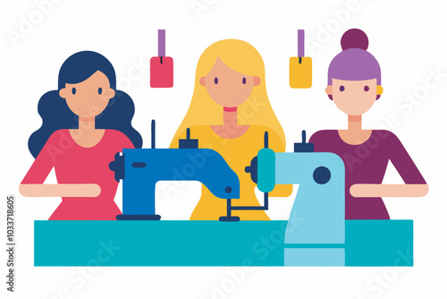 Three women in a studio sewing; brunette, blonde, and purple-haired. Each focused on their tasks, creating a collaborative and friendly environment.