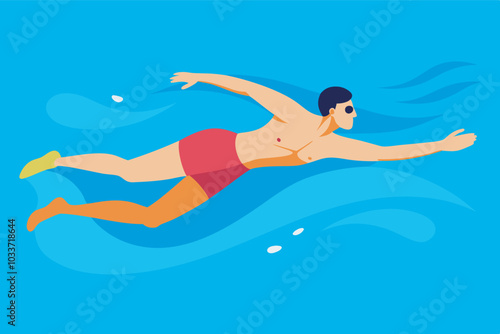 Man in red trunks swims in a blue pool with goggles and possible hearing aid. Hair slicked back, limbs bent, creating bubbles, white noodles seen.