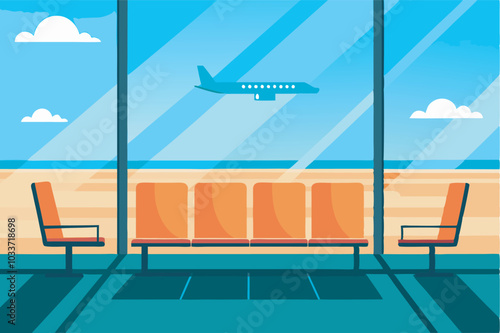 Airport waiting area image showcases quiet solitude with large windows overlooking runway. Orange seats and unique ambiance depict transient moments before air travel.