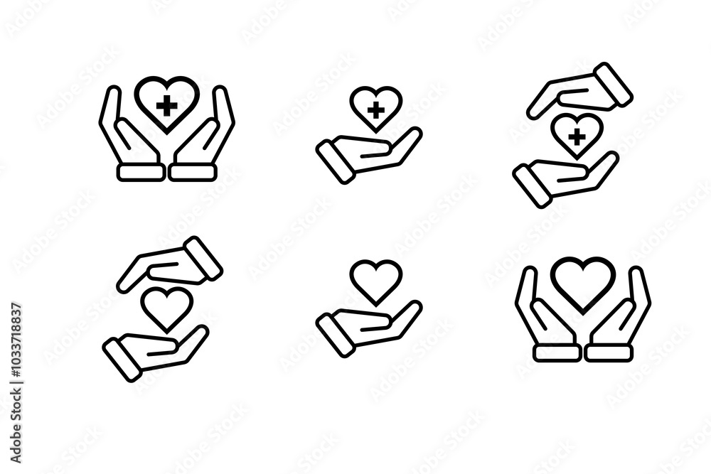 Hand icon set. Heart in Hand Icon, Hand Holding Heart. Line Signs Like Gestures of Charity, Messages of Love and Care, Caring Hands. outline design style. vector template design Hand icon set. Heart in Hand Icon, Hand Holding Heart. Line Signs Like Gestures of Charity, Messages of Love and Care, Caring Hands. outline design style. vector template design