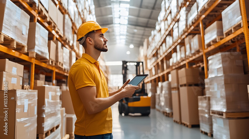 Organized warehouse with neatly labeled boxes stacked on shelves. A supervisor using a tablet oversees efficient logistics and inventory control, a forklift moves goods seamlessly in the background.