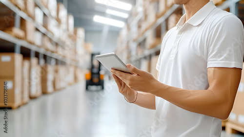 Organized warehouse with neatly labeled boxes stacked on shelves. A supervisor using a tablet oversees efficient logistics and inventory control, a forklift moves goods seamlessly in the background.