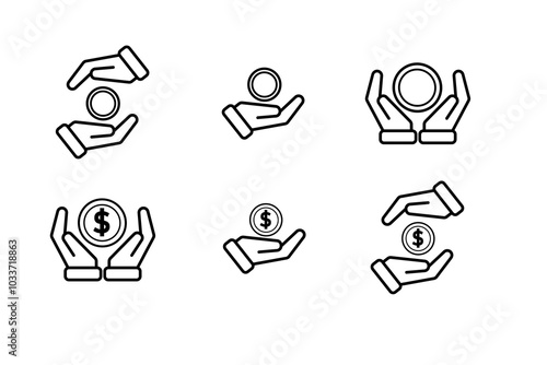 hand icon set. Save money, Salary investment and financial deposit, Rich, Simple Two hands with dollar coin symbol. outline design style. Save money