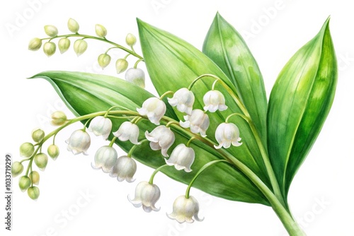 Fototapeta Naklejka Na Ścianę i Meble -  watercolor lily of the valley clipart with white bell flowers from forced perspective