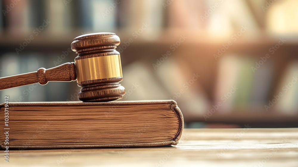 A wooden gavel and book on top of an old, worn-out law book on the table A wooden gavel and book on top of an old, worn-out law book on the table