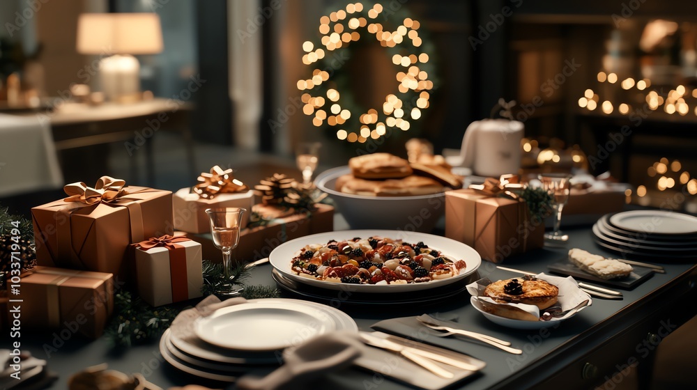 A beautifully set Christmas table with presents, food, and festive decorations. A beautifully set Christmas table with presents, food, and festive decorations.