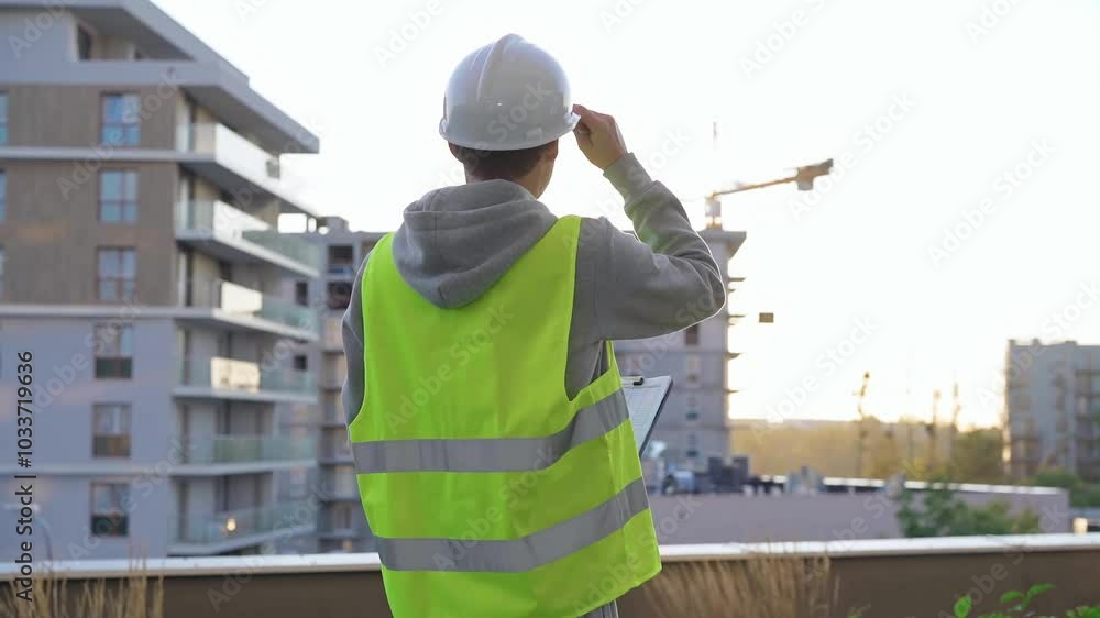 Construction male engineer is taking notes and writing on a clipboard while inspecting a construction site in the morning at sunrise Construction male engineer is taking notes and writing on a clipboard while inspecting a construction site in the morning at sunrise