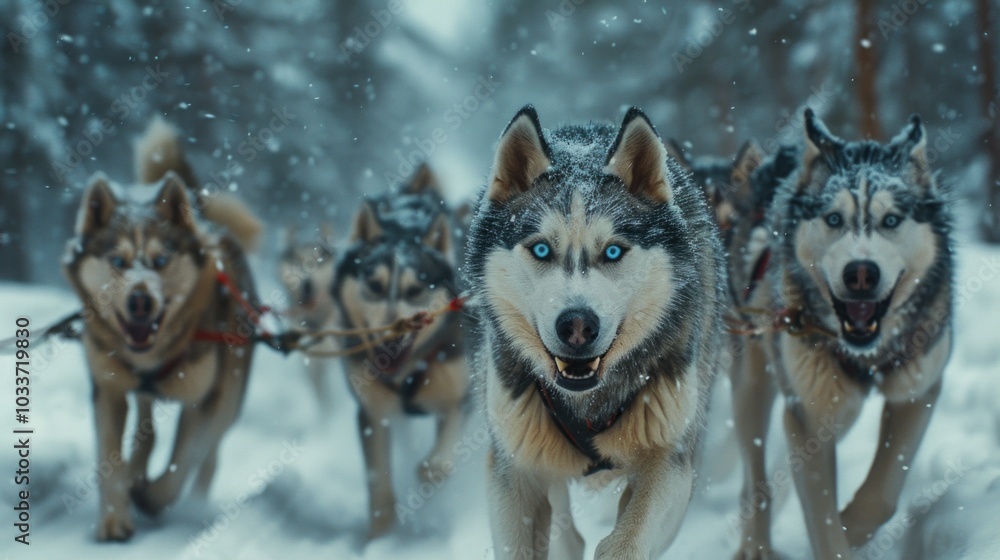 Energetic Siberian huskies pulling a sled through a snowy forest Energetic Siberian huskies pulling a sled through a snowy forest