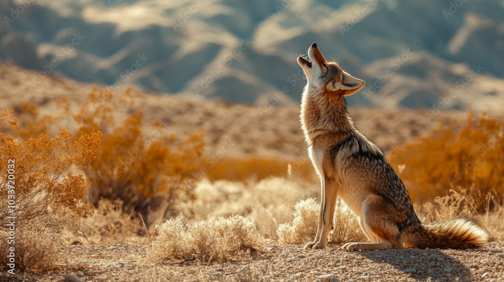 A coyote howls in the distance in the desert in sunny weather A coyote howls in the distance in the desert in sunny weather