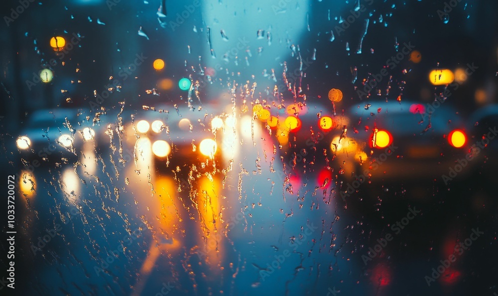 Blurred city lights viewed through rain-streaked window. Blurred city lights viewed through rain-streaked window.