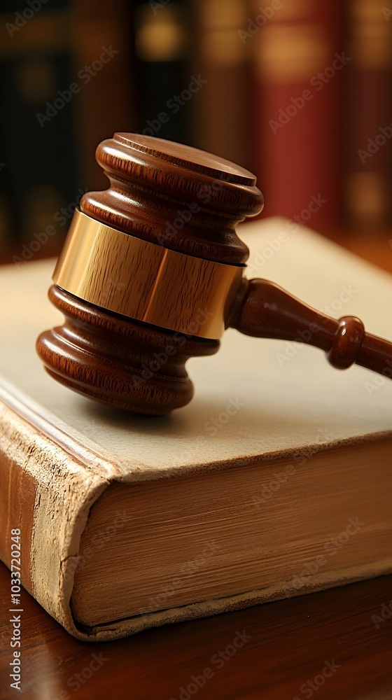 A wooden gavel and book on top of an old, worn-out law book on the table A wooden gavel and book on top of an old, worn-out law book on the table