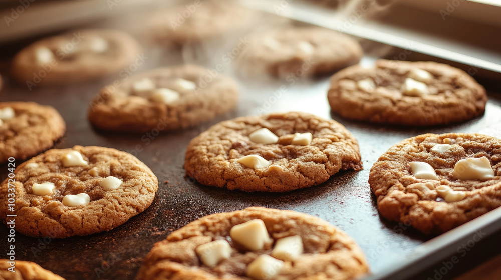 Cookies with white chocolate pieces on a baking tray, just out of the oven. Steam rising from the warm cookies. Cozy kitchen setting. --chaos Cookies with white chocolate pieces on a baking tray, just out of the oven. Steam rising from the warm cookies. Cozy kitchen setting. --chaos