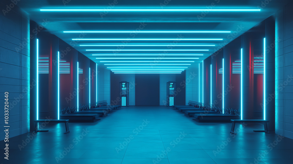 A modern interior space illuminated with vibrant blue neon lights, showcasing sleek design and open layout, perfect for contemporary settings. A modern interior space illuminated with vibrant blue neon lights, showcasing sleek design and open layout, perfect for contemporary settings.