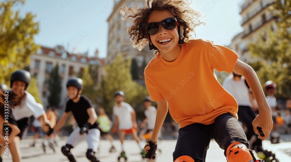 © fotofabrika - A group of children enjoying roller skating in a sunny park during an outdoor activity in the afternoon