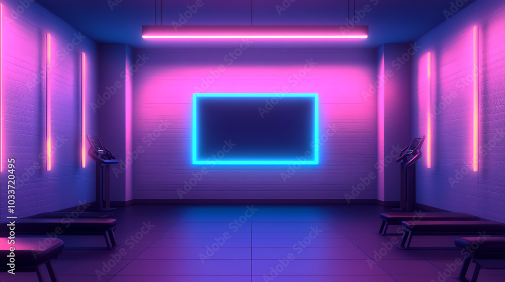 A modern room featuring neon lights and a large empty screen, showcasing a vibrant and futuristic atmosphere, perfect for creative projects. A modern room featuring neon lights and a large empty screen, showcasing a vibrant and futuristic atmosphere, perfect for creative projects.
