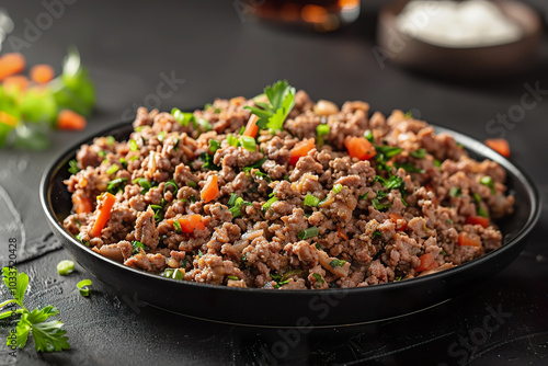 Savory Minced Beef Dish with Fresh Herbs and Vegetables on Black Plate