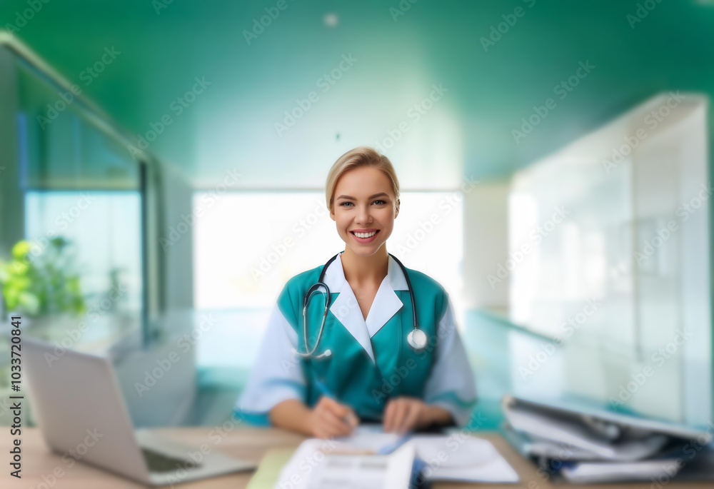 A smiling female doctor in a green and white scrubs sits at a desk reviewing documents. A smiling female doctor in a green and white scrubs sits at a desk reviewing documents.