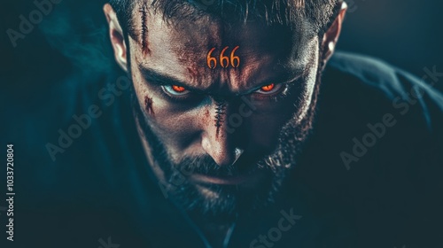 Fototapeta Naklejka Na Ścianę i Meble -  A man with the mark of the beast on his forehead. 666 the number of the beast. Biblical prophecy where no man or woman can buy or sell if they don't have the mark of the beast embedded in the forehead
