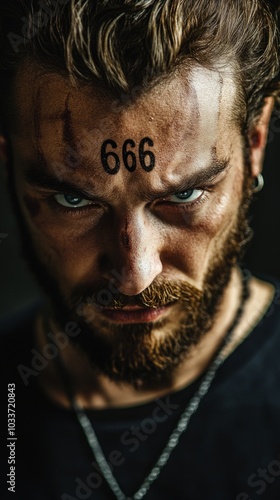 Fototapeta Naklejka Na Ścianę i Meble -  A man with the mark of the beast on his forehead. 666 the number of the beast. Biblical prophecy where no man or woman can buy or sell if they don't have the mark of the beast embedded in the forehead