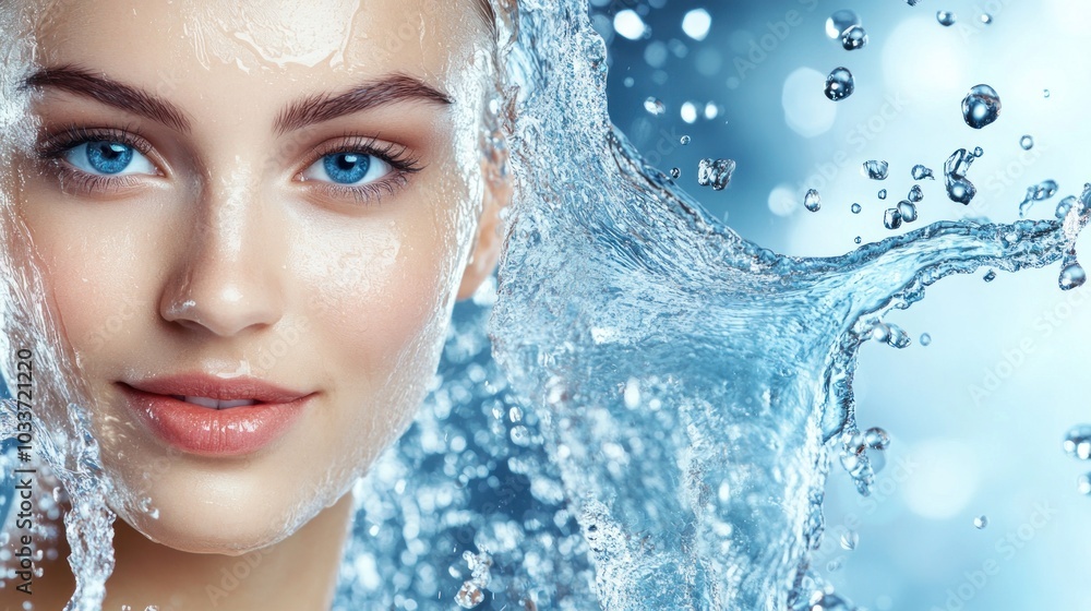 Woman's Face with Water Splash and Droplets Woman's Face with Water Splash and Droplets