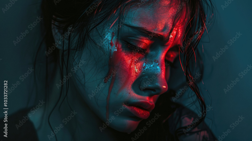 A woman with red and blue lights on her face is crying A woman with red and blue lights on her face is crying