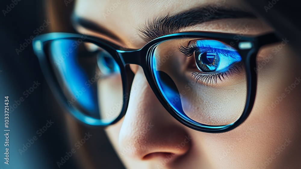 Close-up of a girl working on the internet, with laptop reflection visible in her black glasses, highlighting the importance of eye protection against blue light and rays for computer use Close-up of a girl working on the internet, with laptop reflection visible in her black glasses, highlighting the importance of eye protection against blue light and rays for computer use