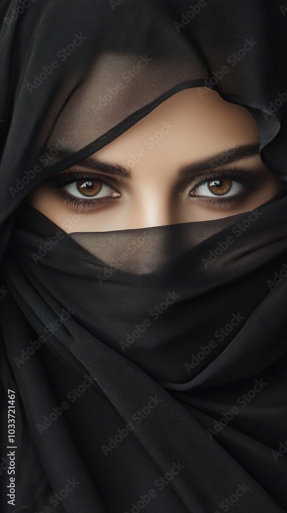 Alluring woman with face covered by a veil, revealing captivating eyes. Arabic royalty, queen, princess, or sorceress concept. Female wearing Niqab, Burqa, Hijab, Chador Alluring woman with face covered by a veil, revealing captivating eyes. Arabic royalty, queen, princess, or sorceress concept. Female wearing Niqab, Burqa, Hijab, Chador