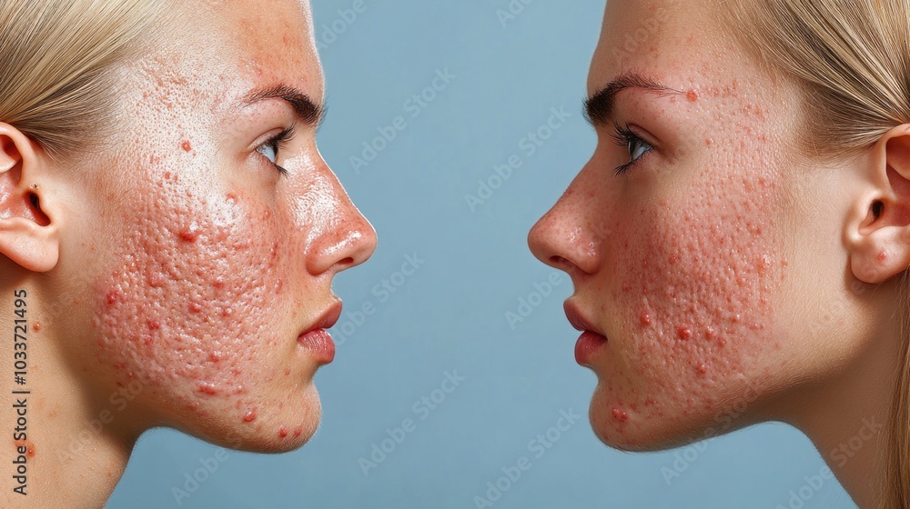 Obraz premium Close-up of two women's faces with acne and scarring