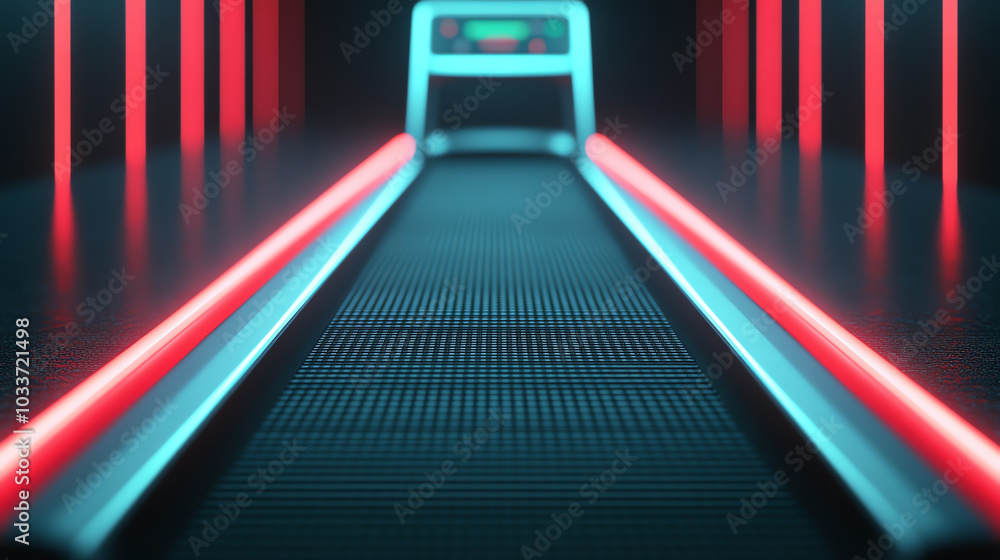 Futuristic treadmill with glowing neon lights, perfect for modern gyms or fitness promotions. A sleek design with an energetic vibe. Futuristic treadmill with glowing neon lights, perfect for modern gyms or fitness promotions. A sleek design with an energetic vibe.