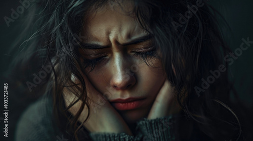 A woman is holding her head in her hands while submerged in the water