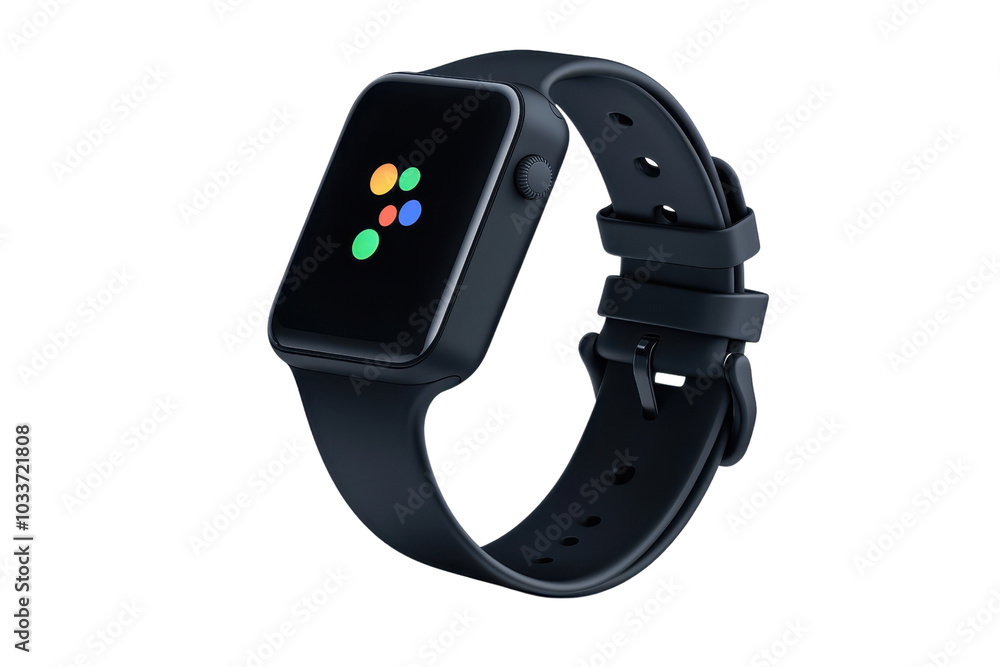 Black smartwatch with a sleek design displaying colorful icons. Perfect for technology and fitness enthusiasts, offering style and functionality. Black smartwatch with a sleek design displaying colorful icons. Perfect for technology and fitness enthusiasts, offering style and functionality.