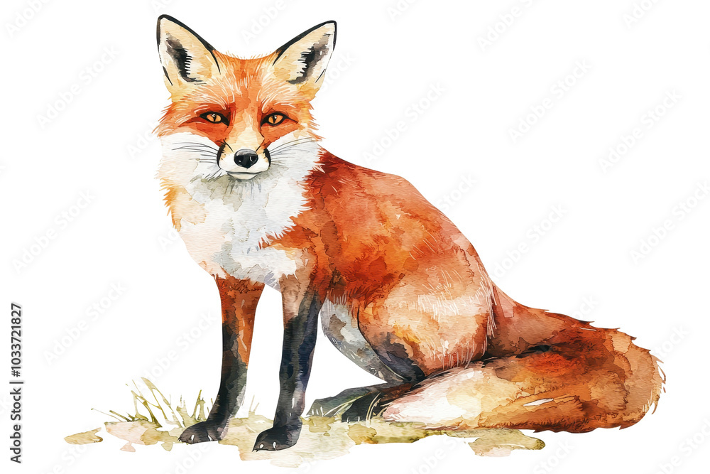 Obraz premium Artistic watercolor painting of a sitting fox, showcasing vivid colors and intricate details in a natural wildlife setting.