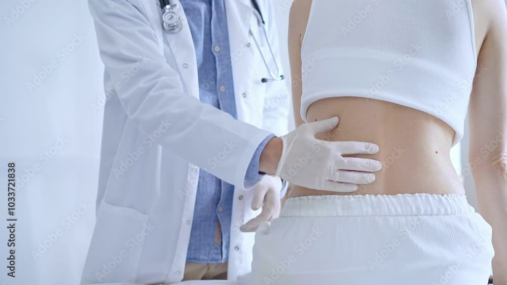 Doctor man wearing white gloves examining back of female patient in clinic. Medicine and orthopedics concepts Doctor man wearing white gloves examining back of female patient in clinic. Medicine and orthopedics concepts