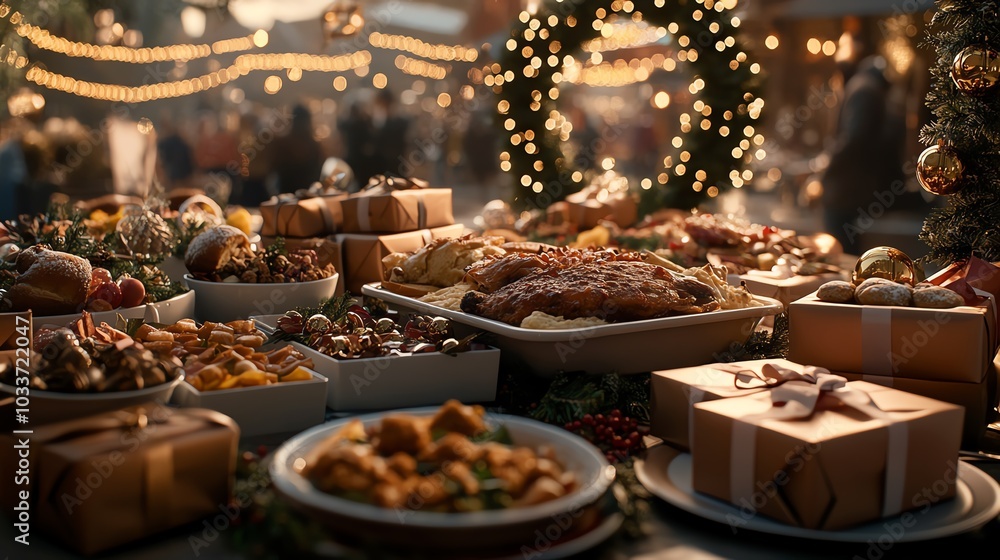 A festive spread of food and gifts at a Christmas market. The warm glow of lights adds a cozy ambiance. A festive spread of food and gifts at a Christmas market. The warm glow of lights adds a cozy ambiance.
