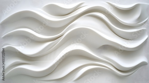 Gentle, flowing white waves cascade downward, their seamless forms blending perfectly into the solid white canvas, creating a serene, minimalist effect.