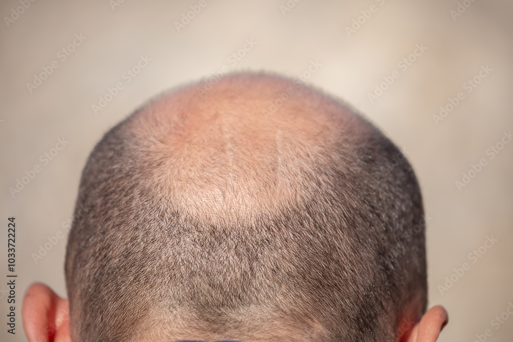 Obraz premium Bald head man, back of head, baldness, hair transplant, hair loss. Hair loss close-up.