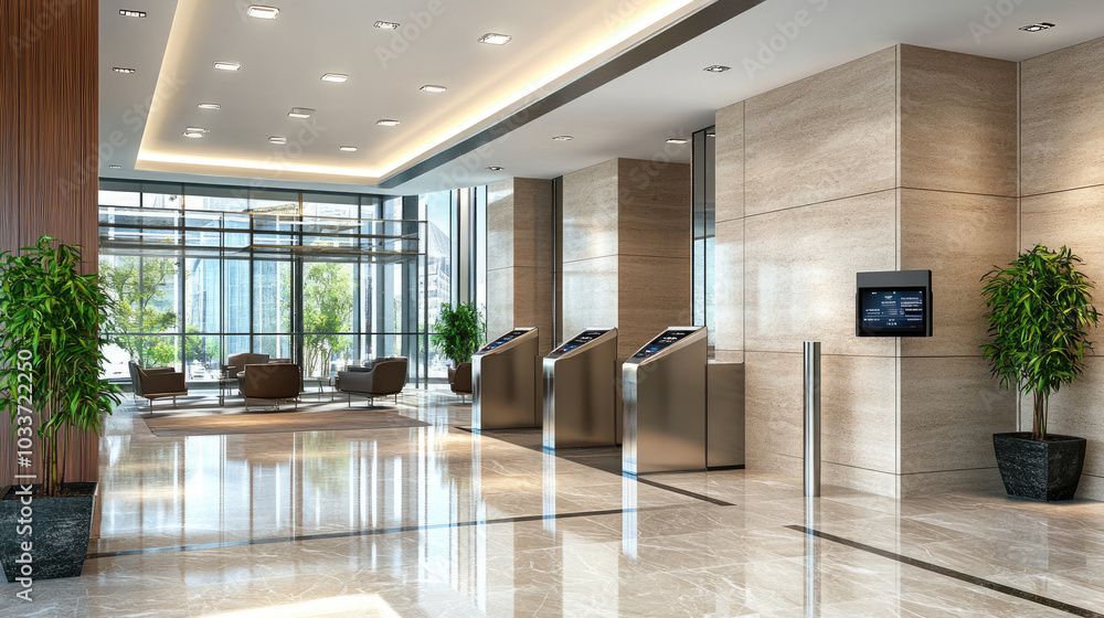 Electronic turnstile gate with a card reader and digital display at a corporate building entrance. Clean, modern office interior. --chaos Electronic turnstile gate with a card reader and digital display at a corporate building entrance. Clean, modern office interior. --chaos