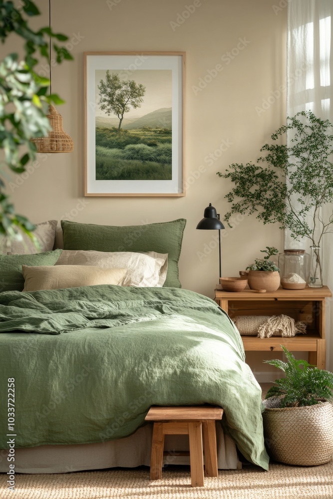 Interior design of bedroom interior with mock up poster frame, bed, green bedding, wooden bench, sideboard, plants, armchair, beige wall and personal accessories. Home decor, Generative AI Interior design of bedroom interior with mock up poster frame, bed, green bedding, wooden bench, sideboard, plants, armchair, beige wall and personal accessories. Home decor, Generative AI
