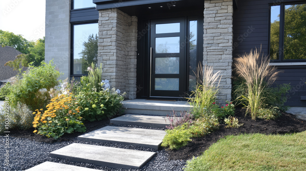 Elegant aluminum door with vertical glass inserts, leading into a contemporary home, surrounded by sleek architectural elements --chaos Elegant aluminum door with vertical glass inserts, leading into a contemporary home, surrounded by sleek architectural elements --chaos