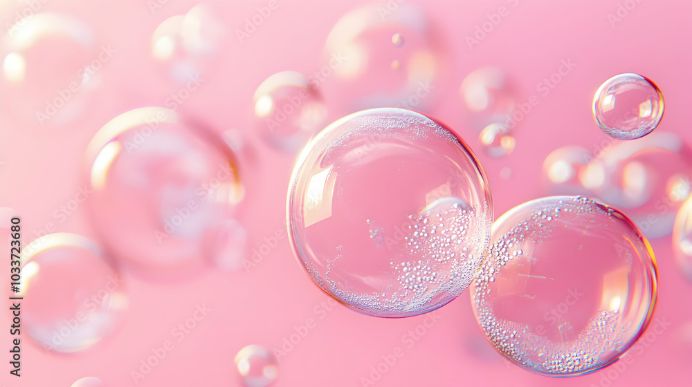 Transparent soap bubbles gently floating on a pastel pink background, symbolizing detergents and cleaning products - Transparent soap bubbles gently floating on a pastel pink background, symbolizing detergents and cleaning products -