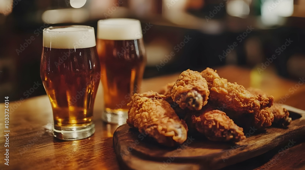 Two glasses of beer and fried chicken on a wooden table, ready for a meal. - Two glasses of beer and fried chicken on a wooden table, ready for a meal. -