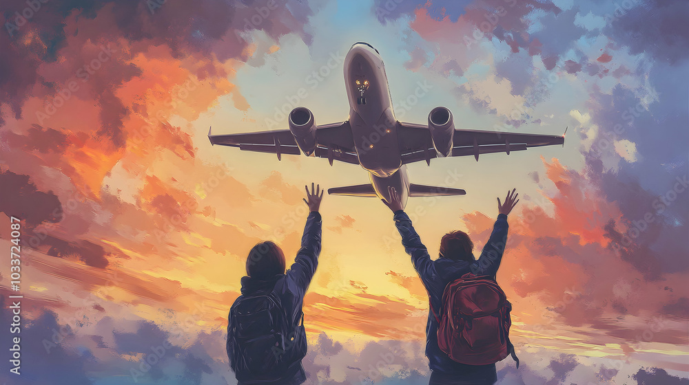 Two travelers waving goodbye to a plane as it takes off in the sky. - Two travelers waving goodbye to a plane as it takes off in the sky. -