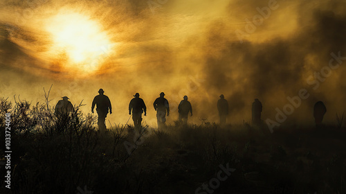 Firefighters working together to set a controlled backfire to stop the spread of a large wildfire, with smoke filling the sky. --chaos photo